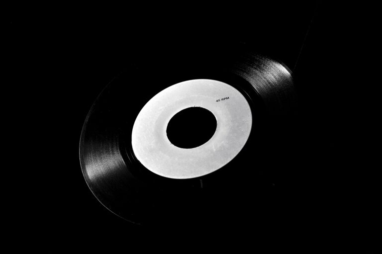 Classic black vinyl record with a white label on a dark background, symbolizing retro music nostalgia.